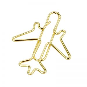 airplane shaped paper clips, gold paper clips