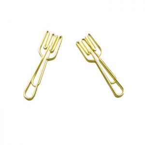 gold paper clips, fork shaped paper clips