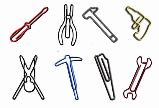 tool shaped paper clips in various outlines & colors